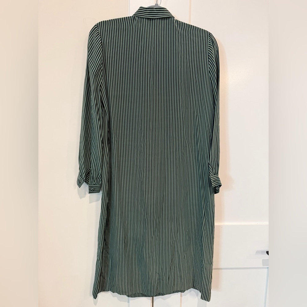 LANVIN Vintage Silk Dark Green Striped Long Sleeve Button Front Dress Size 10 - Picture 13 of 15